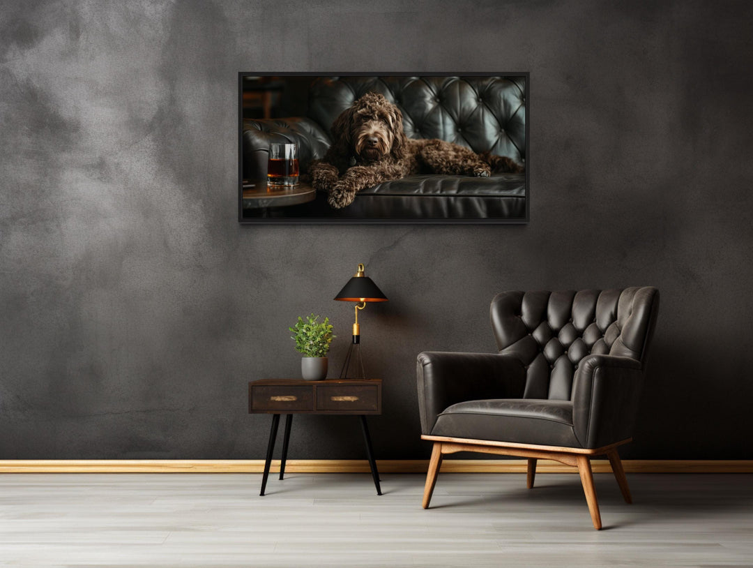 Chocolate Goldendoodle On Couch Drinking Whiskey Framed Canvas Wall Art