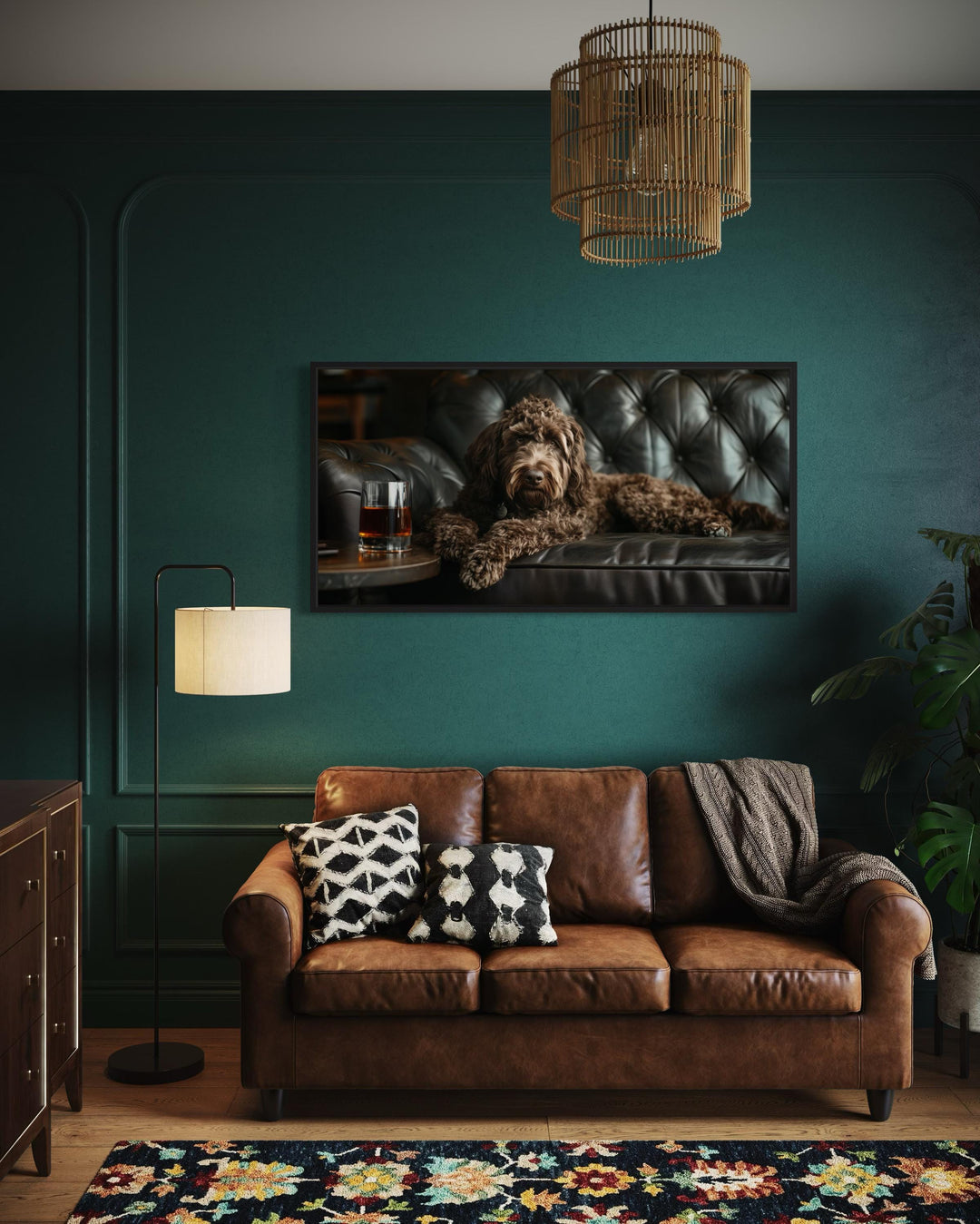 Chocolate Goldendoodle On Couch Drinking Whiskey Framed Canvas Wall Art