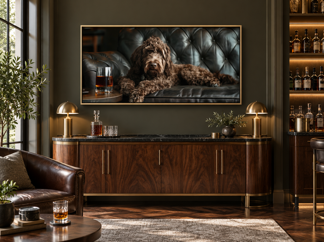Framed canvas art of a chocolate goldendoodle on a leather couch with a glass of whiskey.