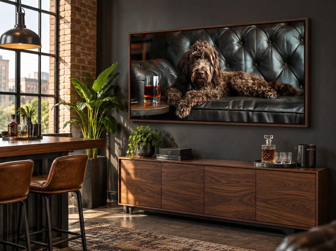 Framed canvas art of a chocolate goldendoodle on a leather couch with a glass of whiskey.