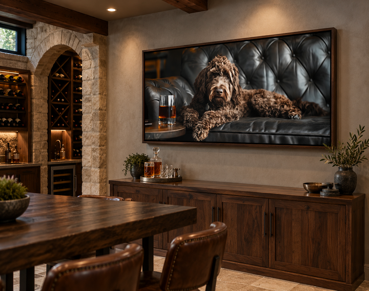 Chocolate Goldendoodle on a leather couch with whiskey, framed canvas art in a rustic home bar.
