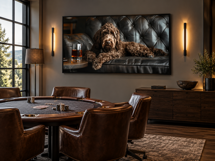 Framed wall art of a chocolate goldendoodle on a leather couch with a glass of whiskey.