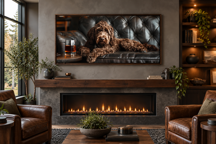 Framed canvas art of a chocolate goldendoodle on a leather couch with a glass of whiskey.