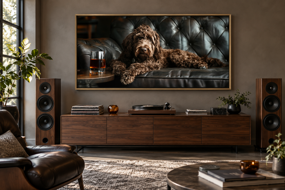 Framed canvas art of a chocolate goldendoodle on a leather couch with a glass of whiskey.