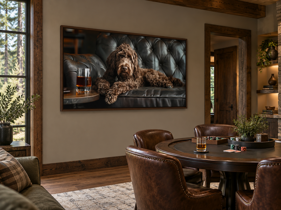 Framed canvas art of a chocolate goldendoodle on a leather couch with a glass of whiskey.