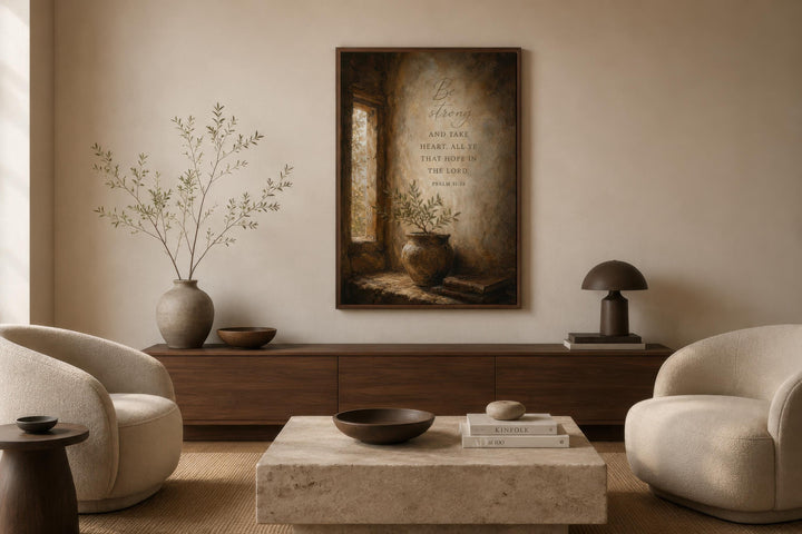 Christian Scripture Wall Art featuring Psalm 31:24 on an aged parchment-style canvas print.
