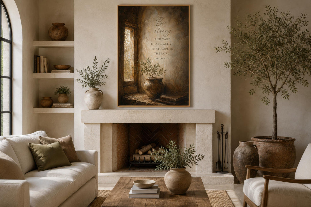 Psalm 31:24 scripture canvas art above a fireplace in a rustic, neutral-toned living room.