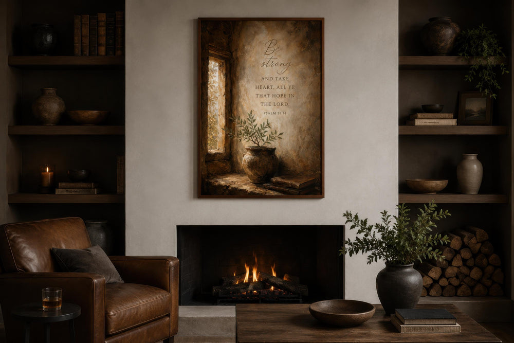 Psalm 31:24 scripture canvas art above a fireplace in a cozy, rustic living room with leather chair.
