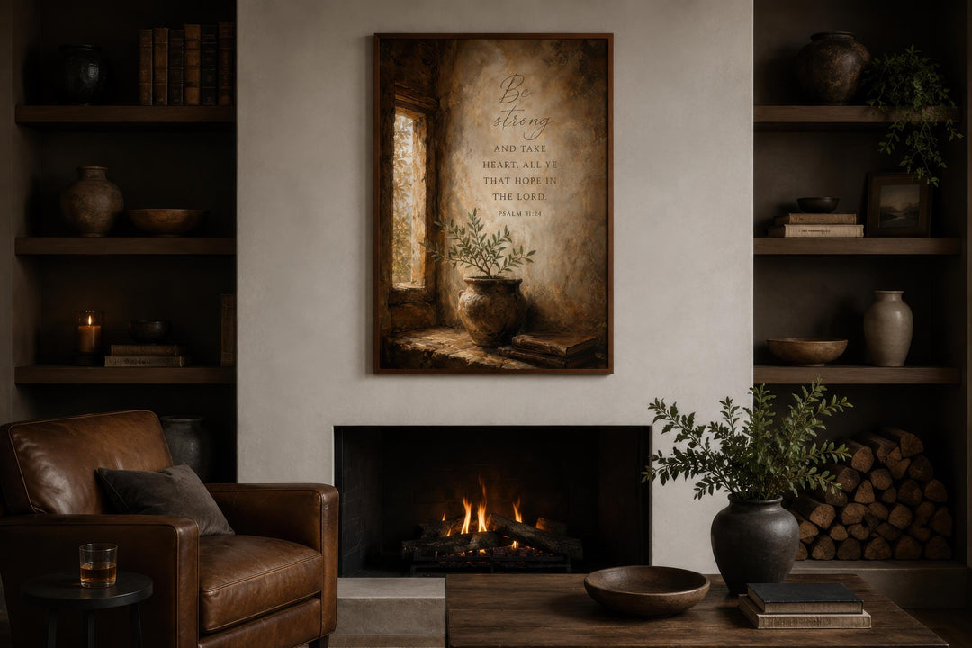 Psalm 31:24 scripture canvas art above a fireplace in a cozy, rustic living room with leather chair.