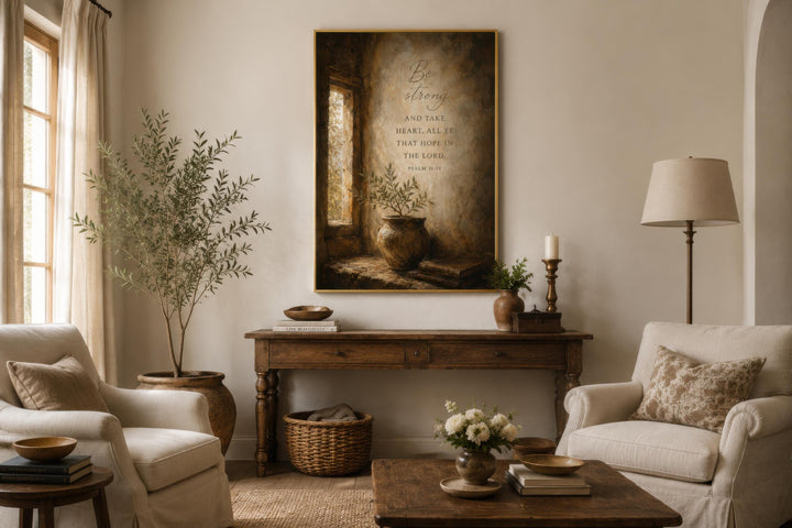 Be Strong Psalm 31:24 scripture canvas print in a gold frame above a rustic wooden console table.