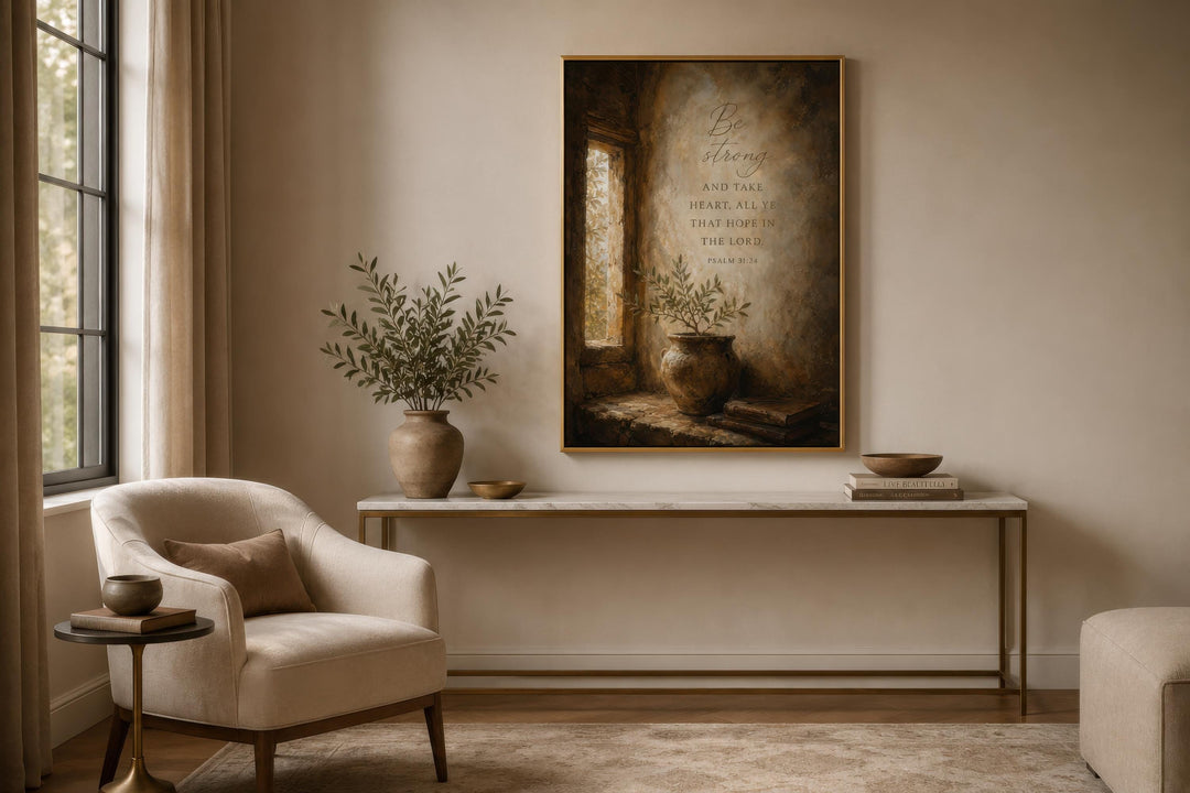Be Strong Psalm 31:24 scripture canvas print in a gold frame above a marble console table.