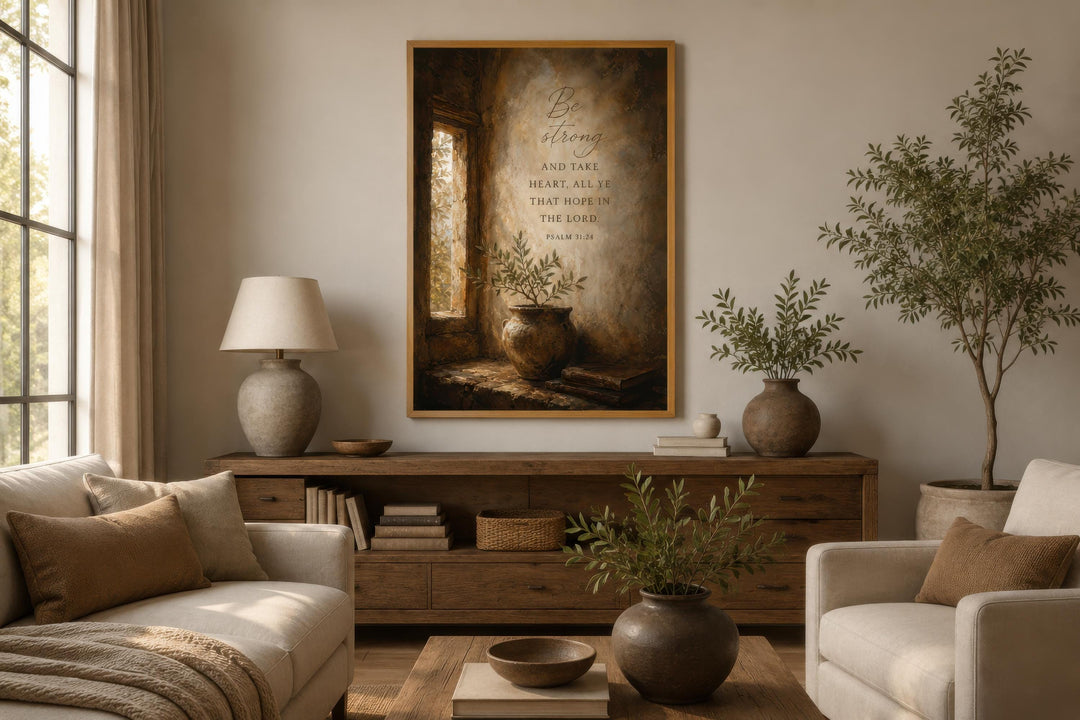 Psalm 31:24 scripture canvas art in a warm, rustic living room above a wooden sideboard.
