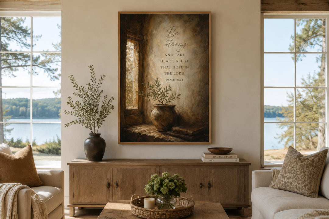 Be Strong Psalm 31 canvas wall art in a rustic living room above a wooden sideboard.
