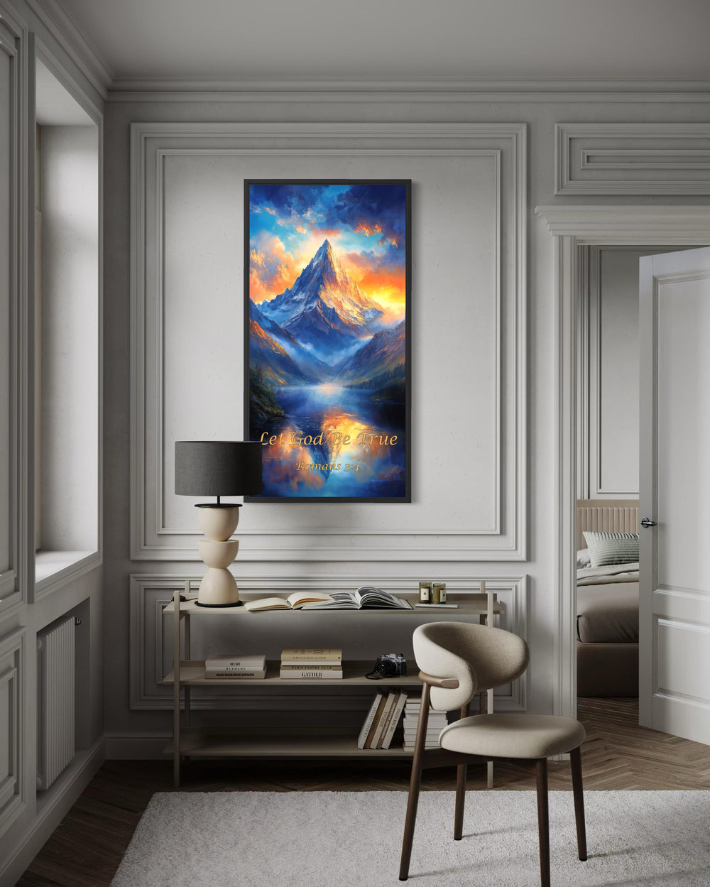 Christian Scripture Wall Art – Mountain Sunrise Painting | Let God Be True Canvas