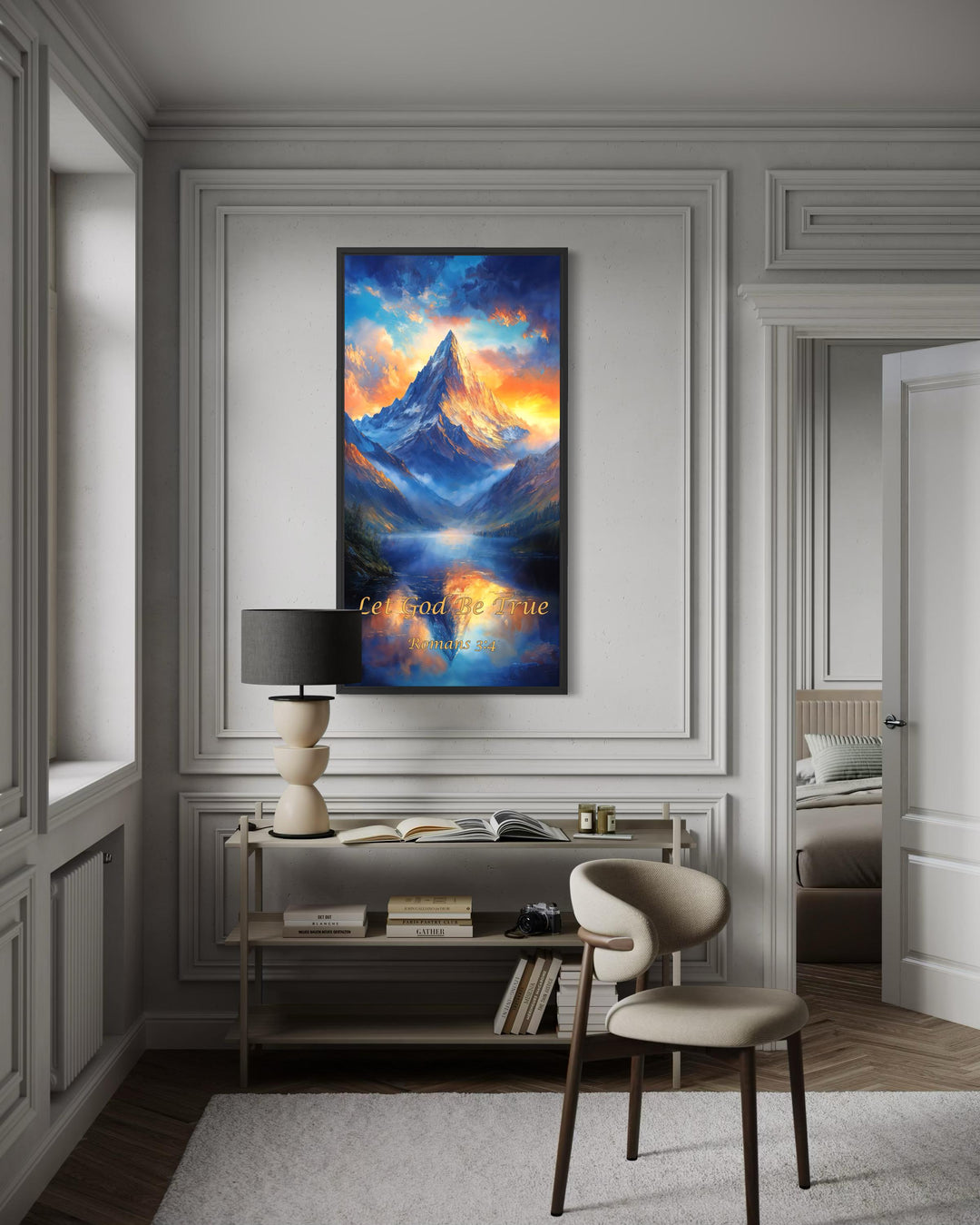 Christian Scripture Wall Art – Mountain Sunrise Painting | Let God Be True Canvas