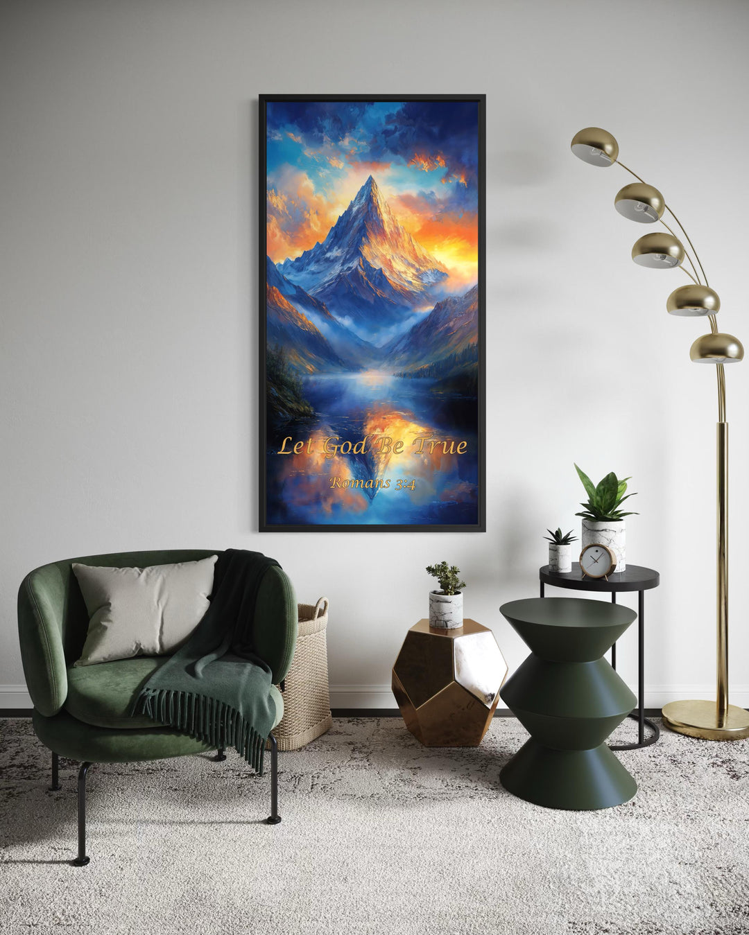 Christian Scripture Wall Art – Mountain Sunrise Painting | Let God Be True Canvas