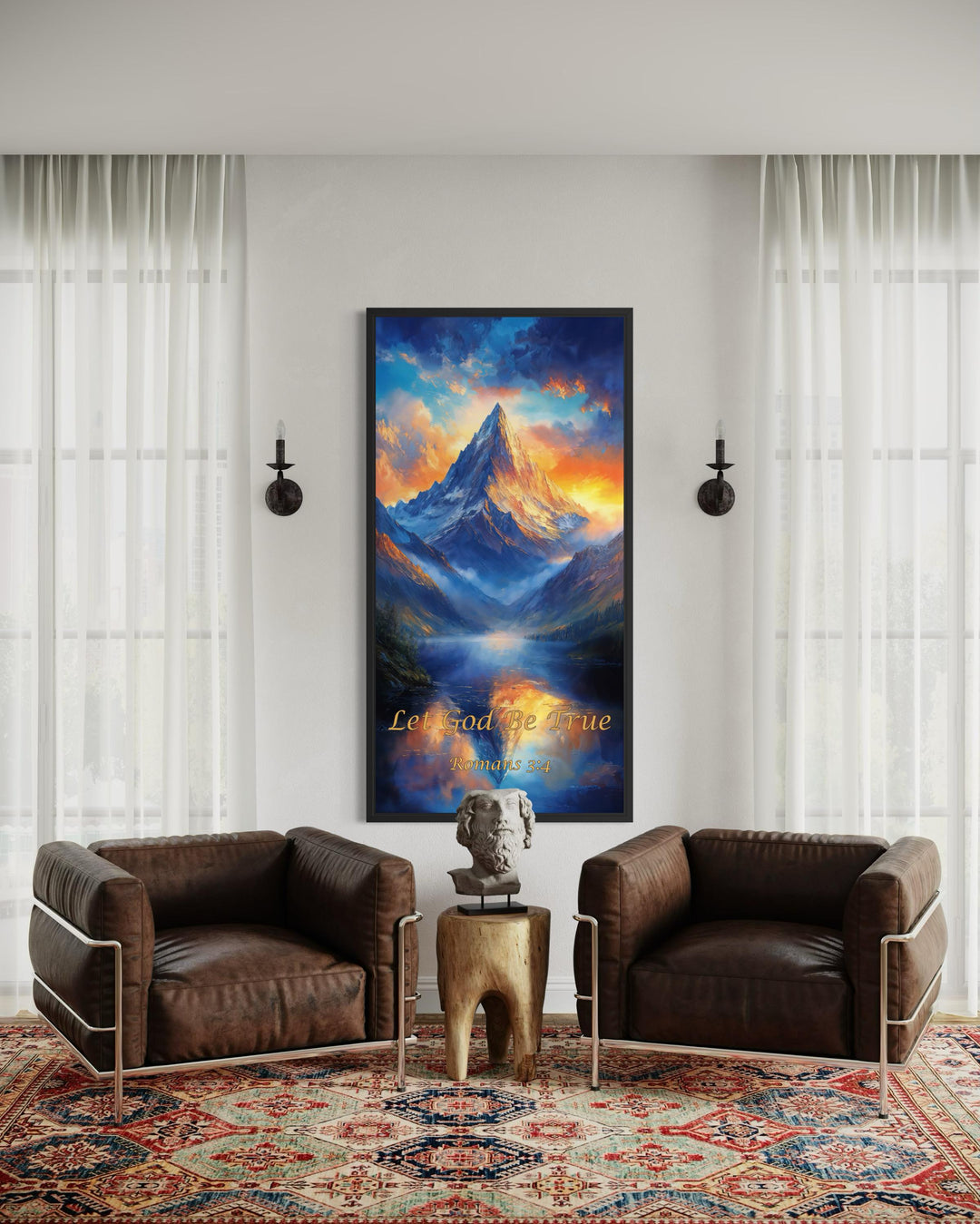 Christian Scripture Wall Art – Mountain Sunrise Painting | Let God Be True Canvas