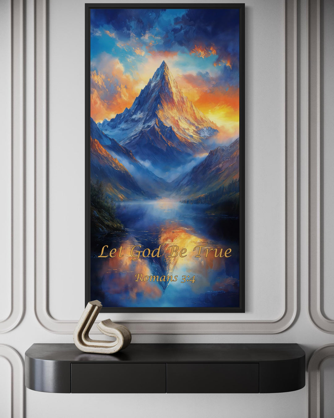 Christian Scripture Wall Art – Mountain Sunrise Painting | Let God Be True Canvas