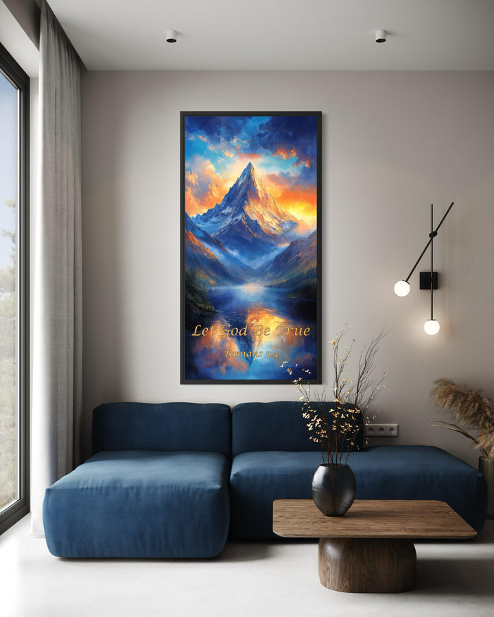 Christian Scripture Wall Art – Mountain Sunrise Painting | Let God Be True Canvas