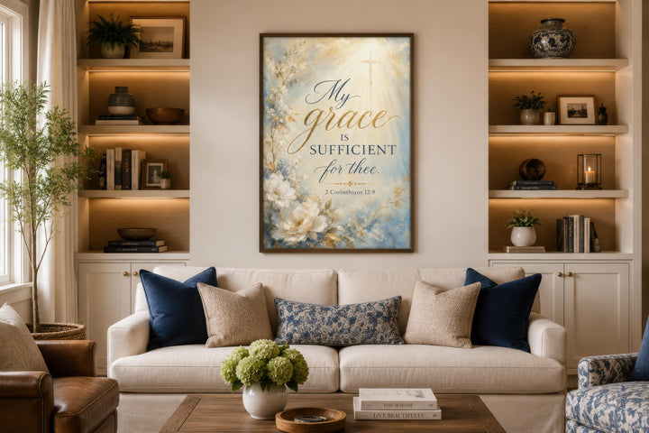 Christian wall art canvas with 2 Corinthians 12:9 scripture over a sofa in a modern living room.