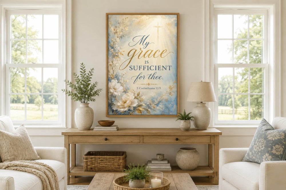 Grace Scripture wall art with 2 Corinthians 12:9 over a soft floral and blue watercolor background.