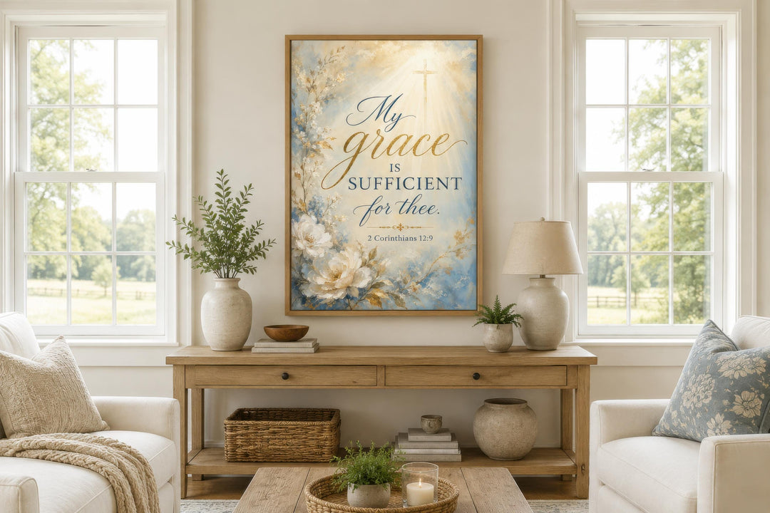 Grace Scripture wall art with 2 Corinthians 12:9 over a soft floral and blue watercolor background.