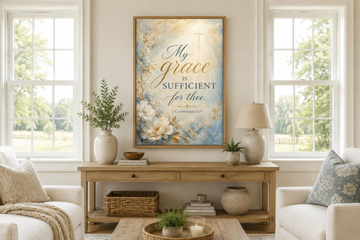 Grace Scripture wall art with 2 Corinthians 12:9 over a soft floral and blue watercolor background.