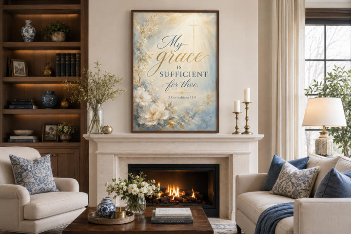 Christian wall art canvas with 2 Corinthians 12:9 scripture over a fireplace in a living room.
