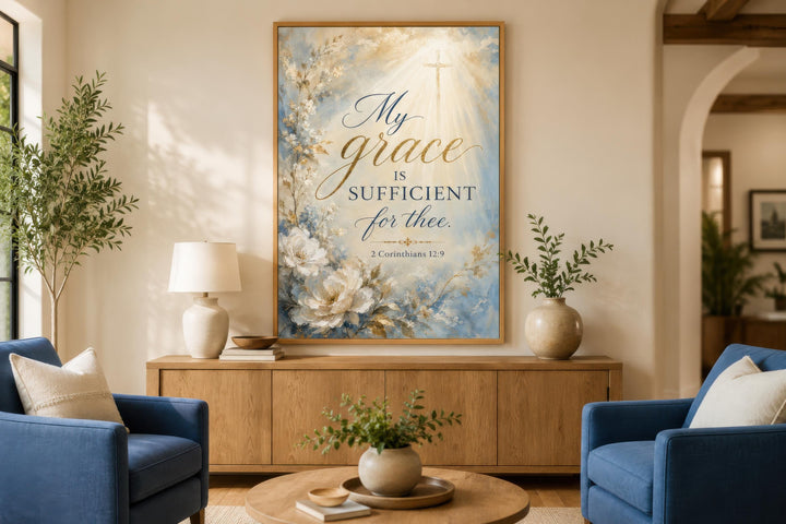 Vertical canvas art with 2 Corinthians 12:9 scripture and white flowers above a wooden sideboard.