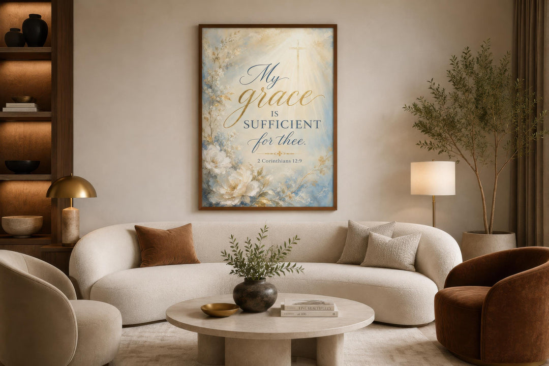 Christian wall art canvas with 2 Corinthians 12:9 scripture over a soft floral background.