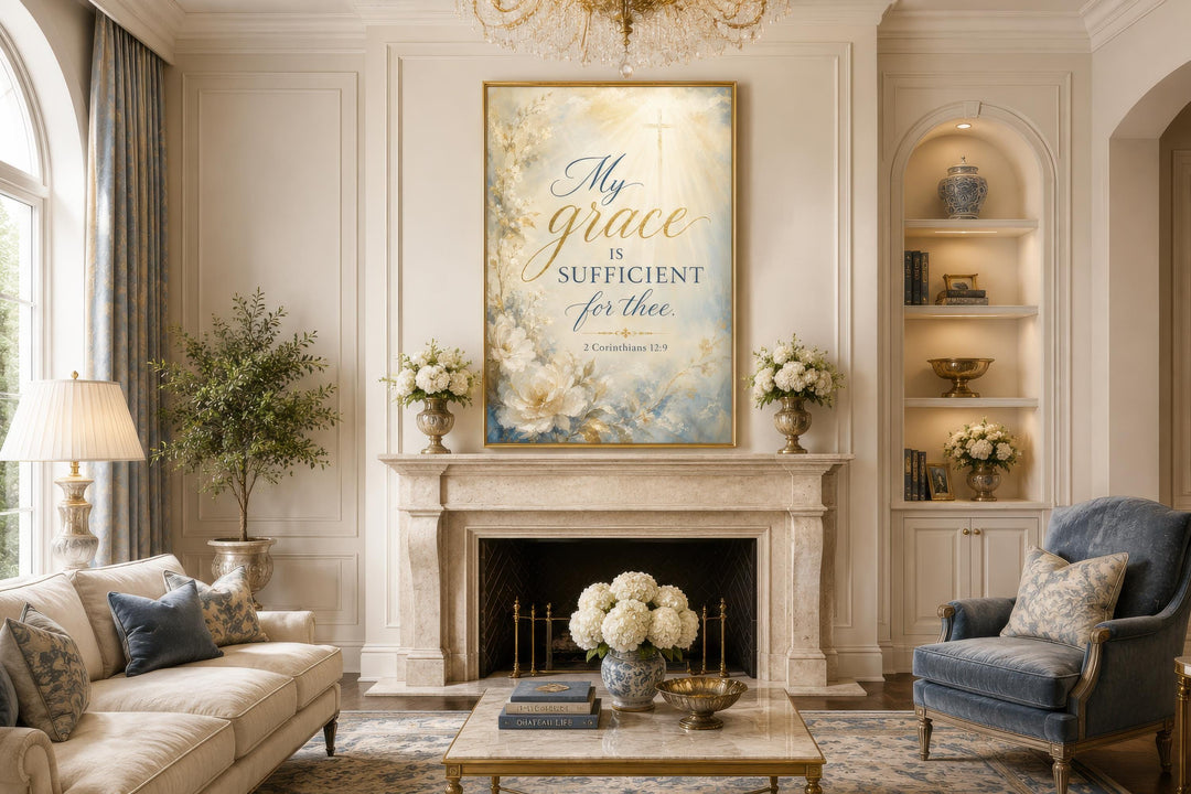 Christian wall art canvas with 2 Corinthians 12:9 scripture over a fireplace in a living room.