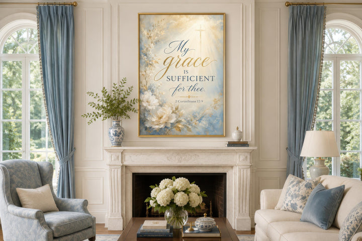 Framed 2 Corinthians 12:9 scripture canvas art with white flowers above a white marble fireplace.