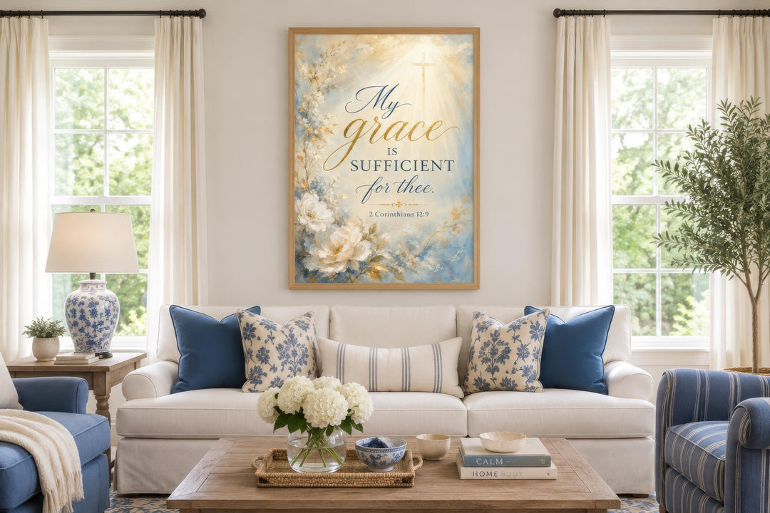 Christian wall art canvas with 2 Corinthians 12:9 scripture over a floral living room sofa.