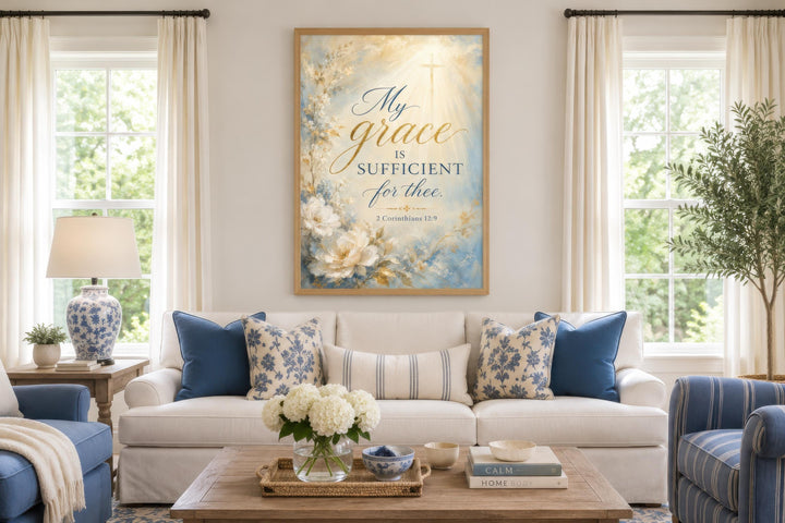 Christian wall art canvas with 2 Corinthians 12:9 scripture over a floral living room sofa.