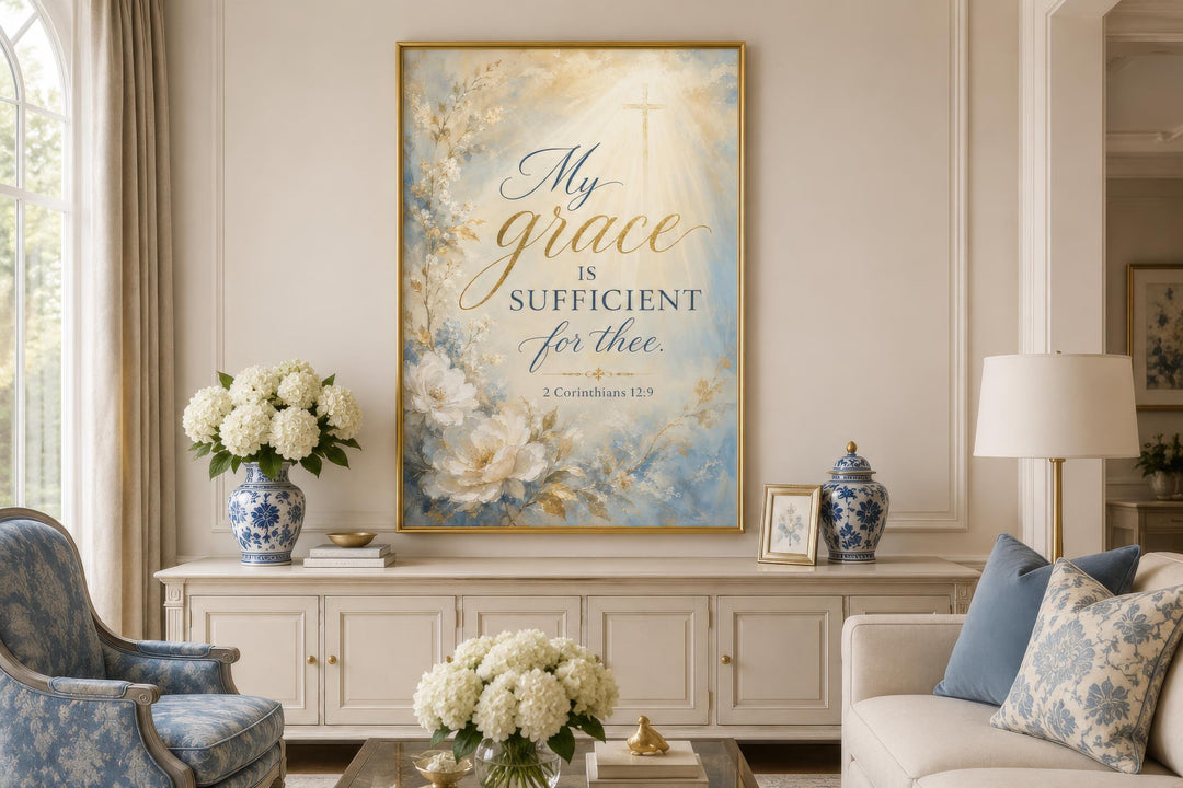 Christian wall art canvas with 2 Corinthians 12:9 scripture and white floral watercolor background.
