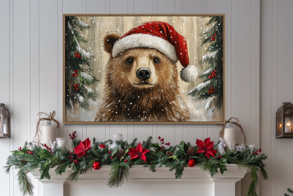 Christmas Bear In Santa's Hat Framed Canvas Wall Art above mantel