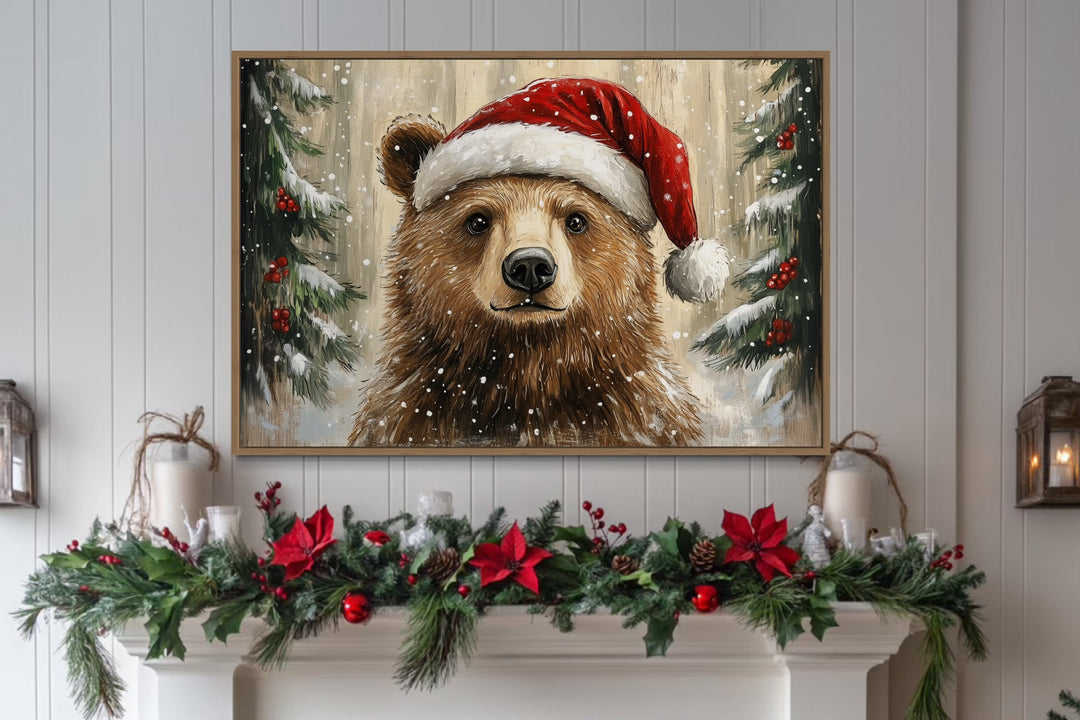 Christmas Bear In Santa's Hat Framed Canvas Wall Art