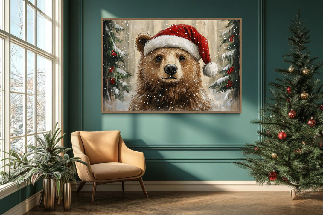 Christmas Bear In Santa's Hat Framed Canvas Wall Art