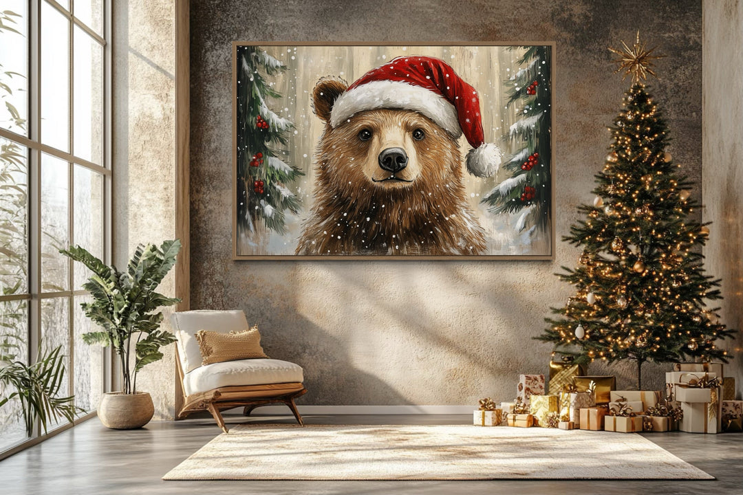 Christmas Bear In Santa's Hat Framed Canvas Wall Art