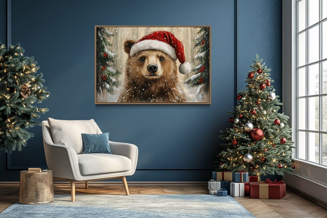 Christmas Bear In Santa's Hat Framed Canvas Wall Art