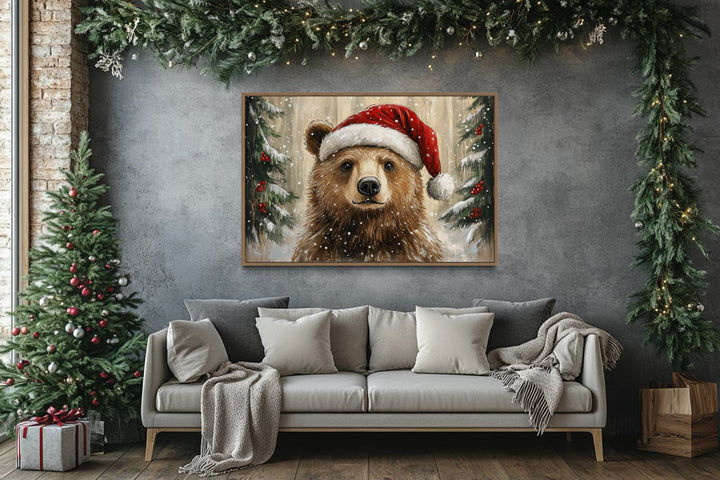 Christmas Bear In Santa's Hat Framed Canvas Wall Art