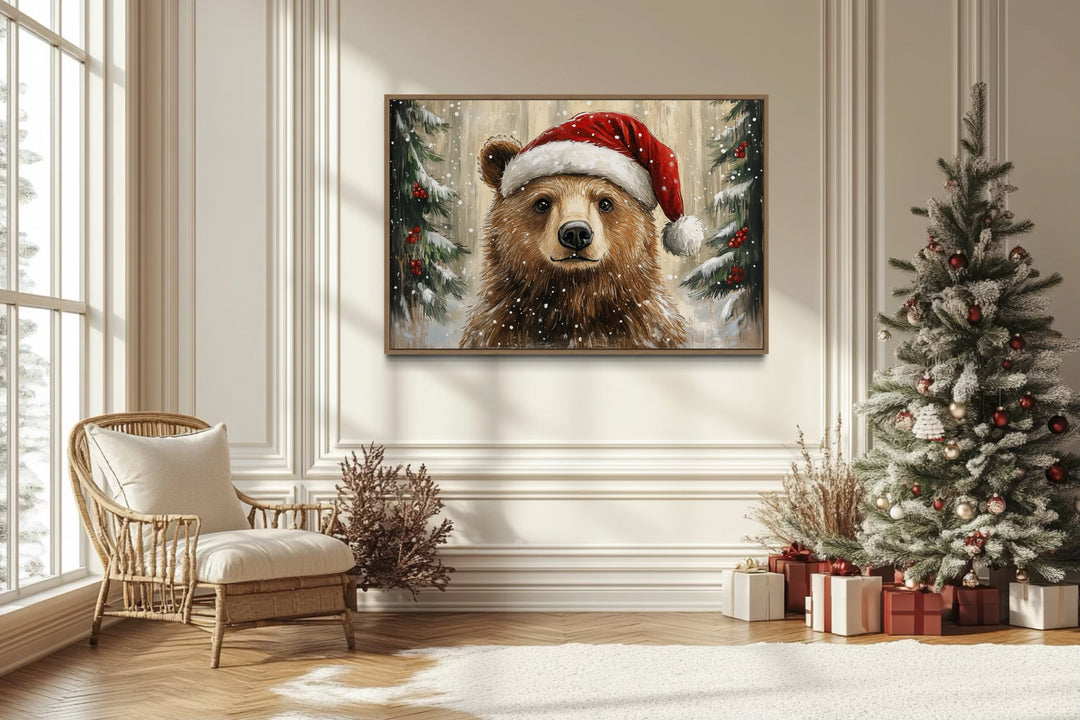 Christmas Bear In Santa's Hat Framed Canvas Wall Art