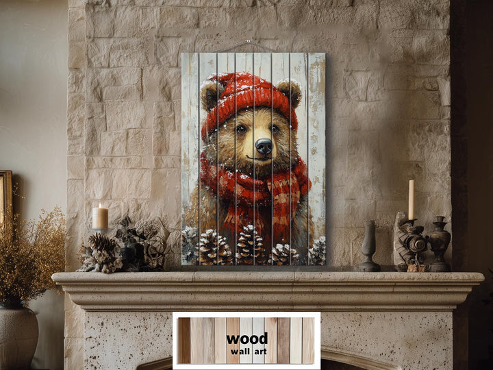 Christmas Bear Wall Art on Distressed Wood