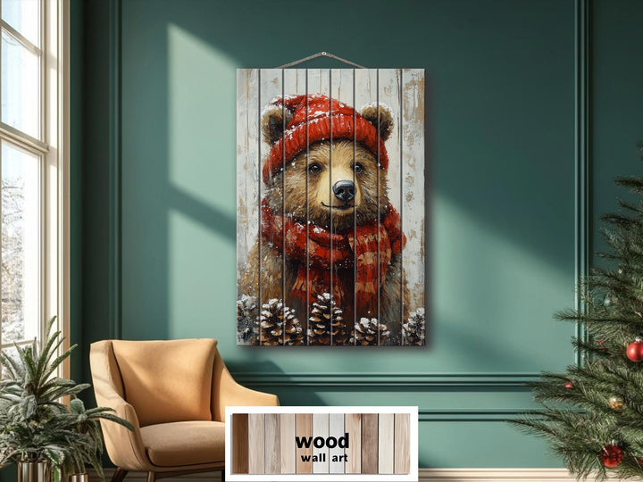 Christmas Bear Wall Art on Distressed Wood