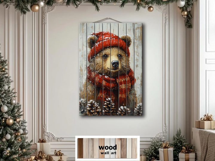 Christmas Bear Wall Art on Distressed Wood