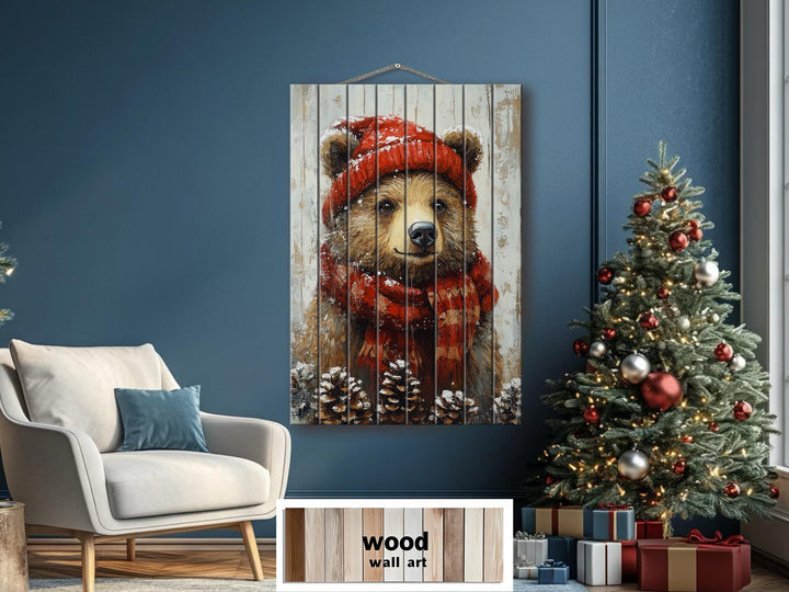 Christmas Bear Wall Art on Distressed Wood