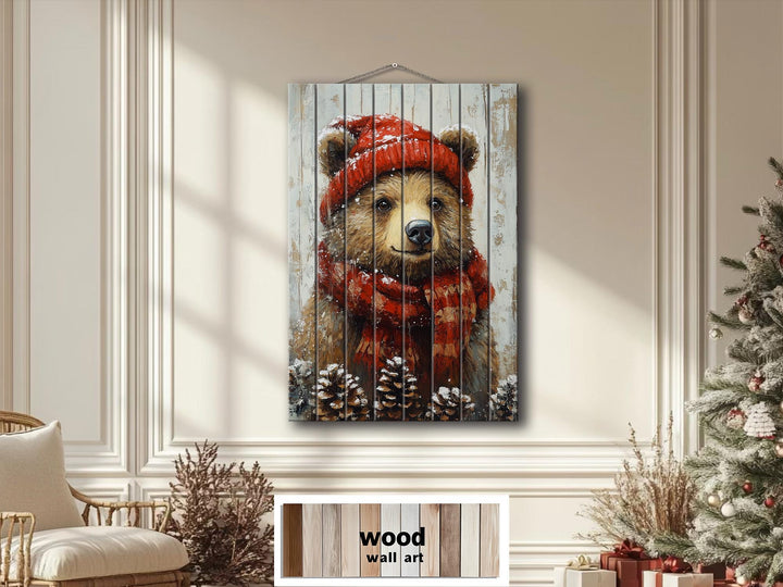 Christmas Bear Wall Art on Distressed Wood