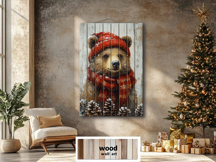 Christmas Bear Wall Art on Distressed Wood