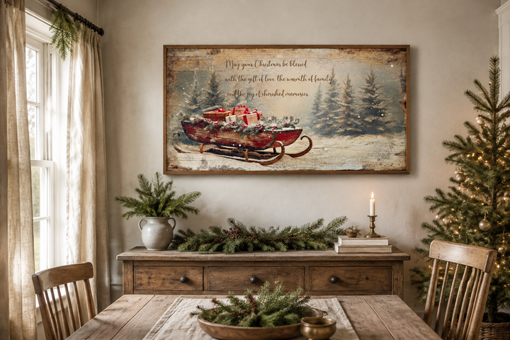 Framed canvas wall art of Santa's sleigh with gifts and a Christmas blessing in a rustic room.