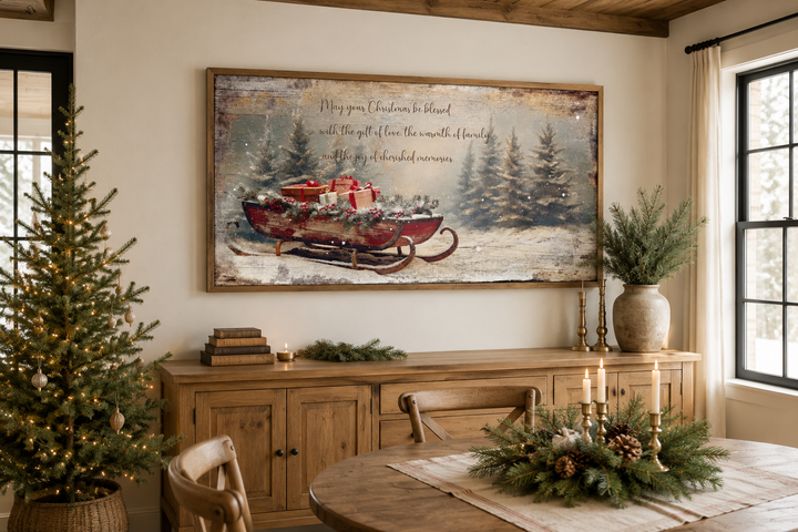 Framed canvas wall art of Santa's sleigh with gifts and a Christmas blessing in a rustic dining room